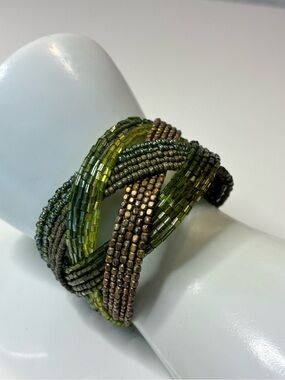 Source Unknown Olive Green and Bronze Multi-Strand Seed Bead Bracelet